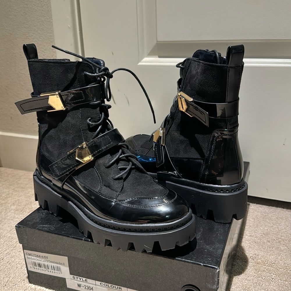 Gently used with box. Pretty Little Things combat booties. Lace up gold buckle.